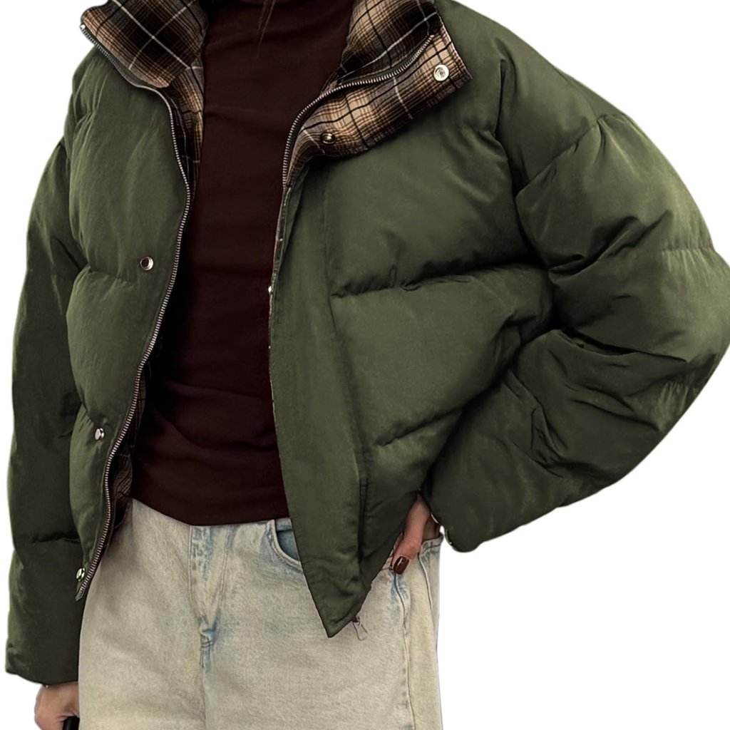 Cropped Puffer Jacket Quilted Stand Collar Chic Winter Outerwear With Pockets
